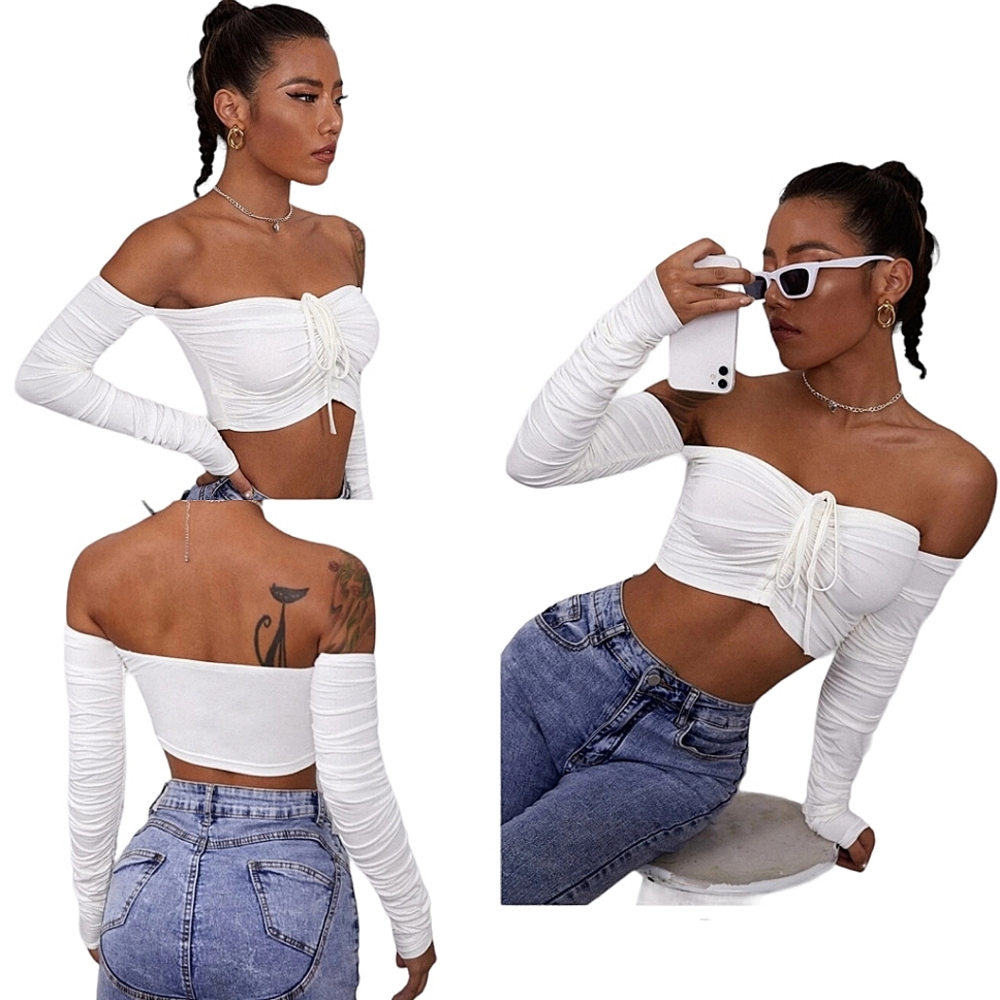 Shein White Off The Shoulder Ruched Top women’s size large lace up sexy